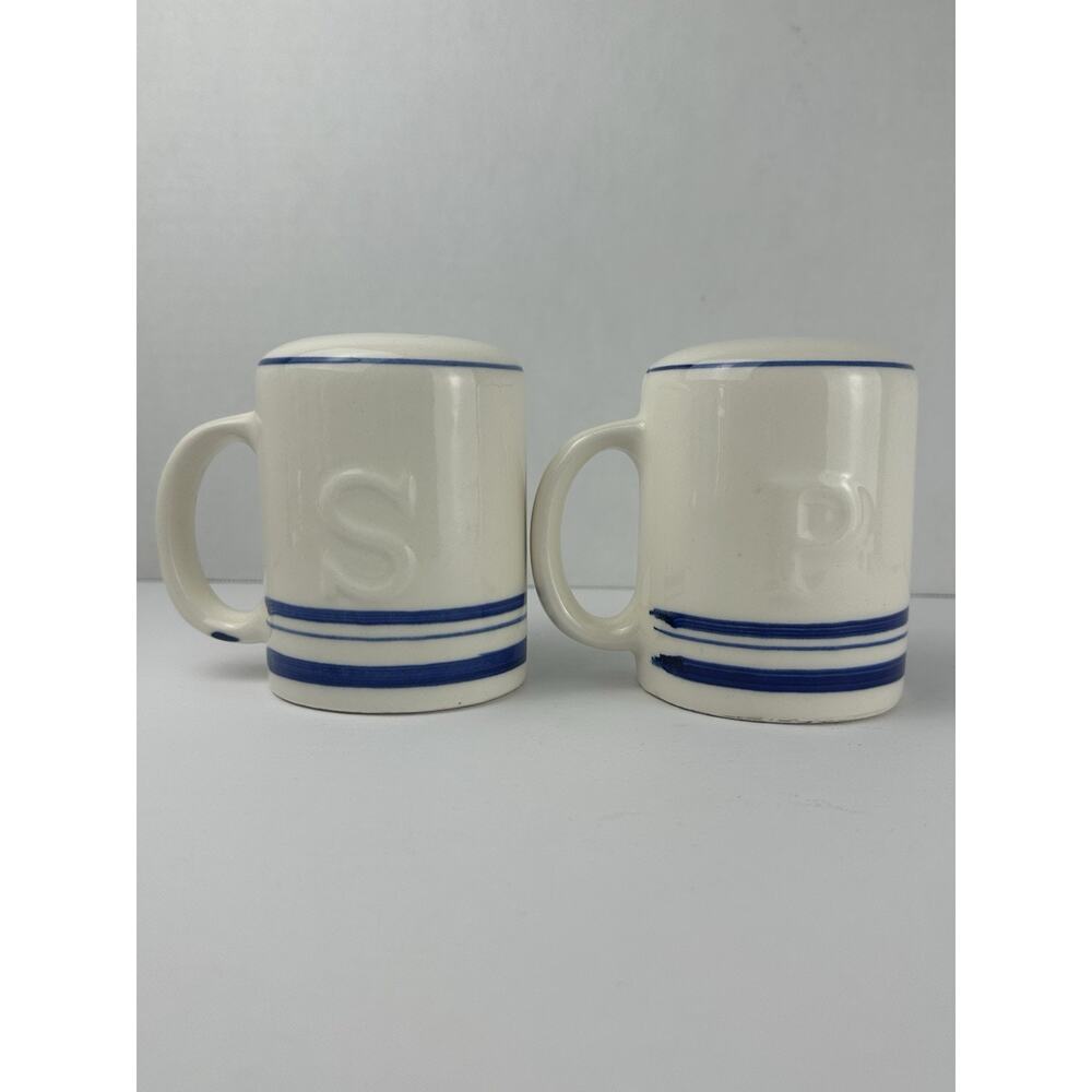 Large VTG Ceramic Blue And White Handled Salt & Pepper Shakers 4"